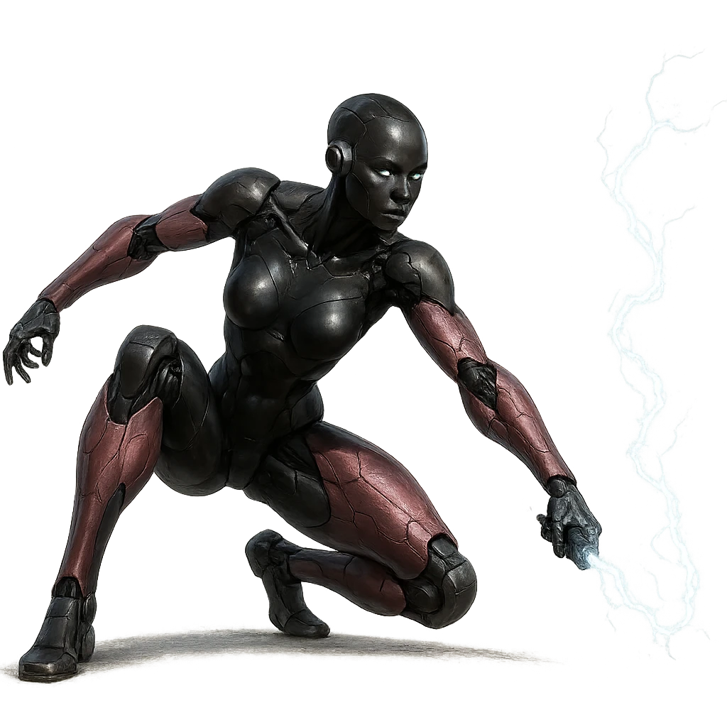 slim, powerful black female robot with small ear pieces, pink hexagonal arms and legs, crouched and ready to strike with a lightning whip, dynamic, realistic pose, no border, transparent background, realistic art style emoji