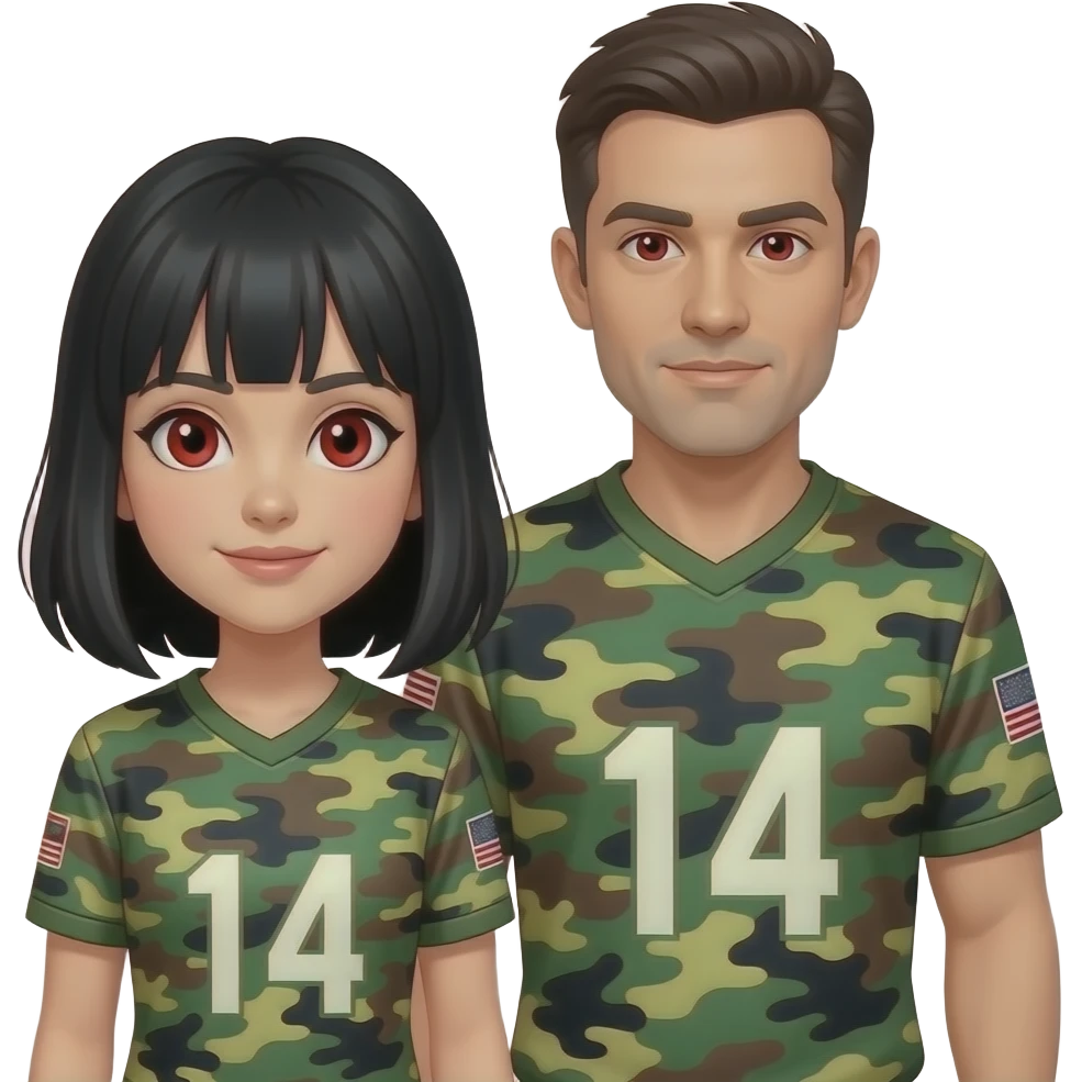 Girl with black hair red eyes and a camo jersey standing with her back turned to a man who looks like her with red eyes wearing the same thing emoji
