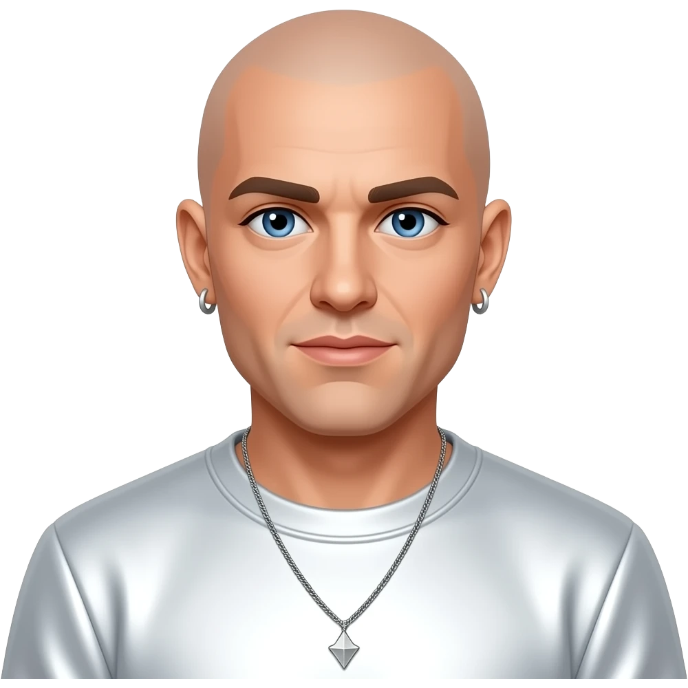 John Hendy from East 17 with blue eyes, bald, white metallic sweatshirt, necklace and earrings emoji