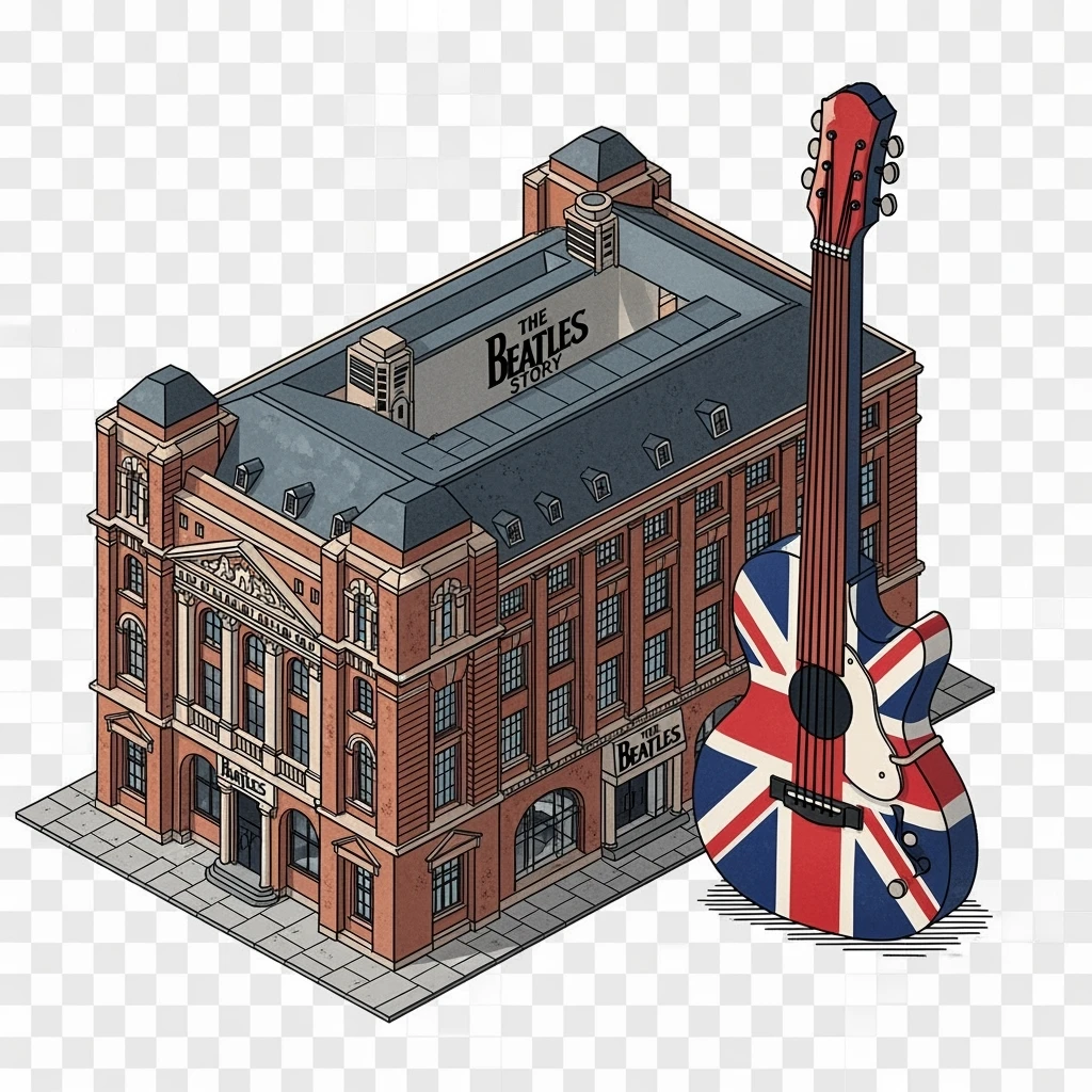 Isometric illustration of Liverpool photorealistic The Beatles Story museum, a Union Jack guitar and brick building in a miniature, slightly hand-drawn style, balanced between stylized and realistic, no cartoonish look, transparent background. emoji