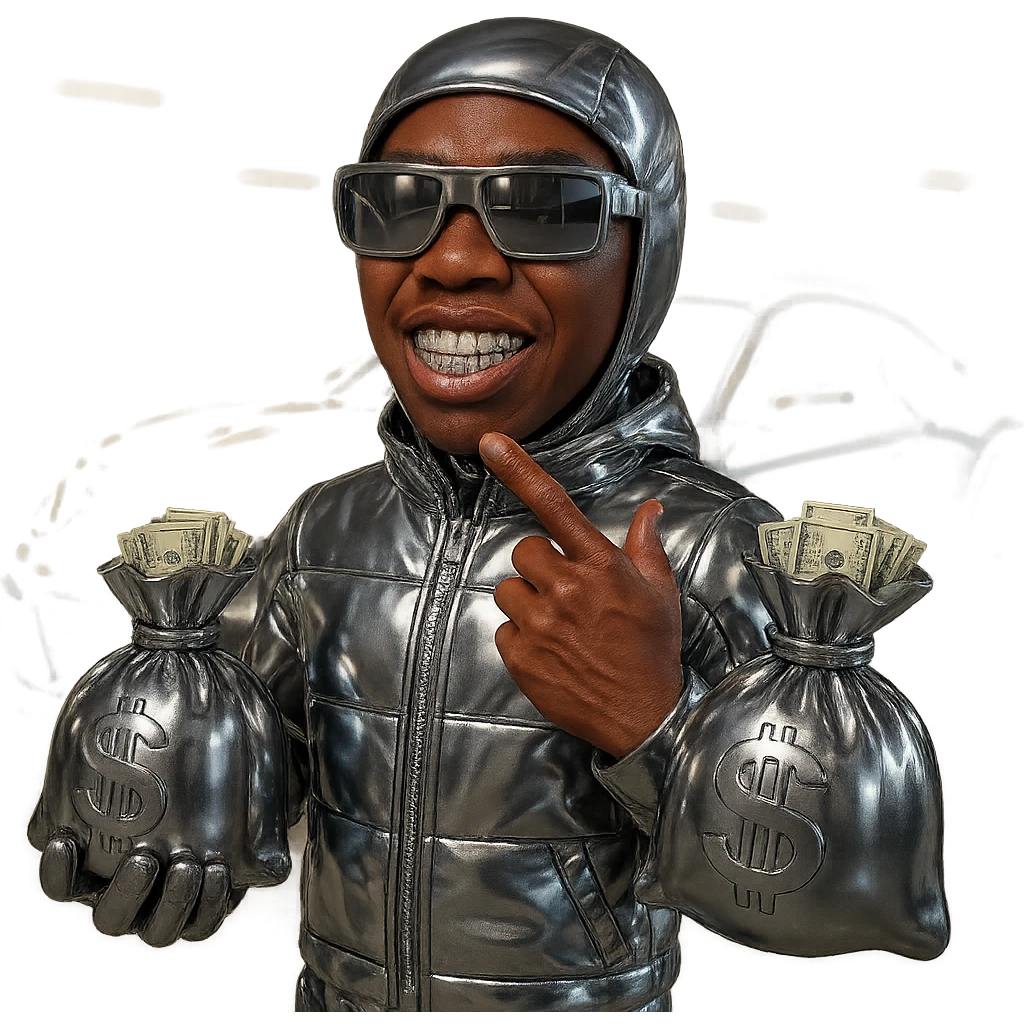 Create a character with realistic brown skin tone and natural facial features. The character has shiny chrome grills on his teeth and is wearing a full chrome suit, not just a jacket. He is also wearing bold, stylish carrier glasses. The character is holding two chrome brown money bags, each with realistic US dollar bills coming out of the top. The character is posted up in front of a car, with the background showing a parking garage similar to the reference images. The face and hands should look natural and realistic. emoji