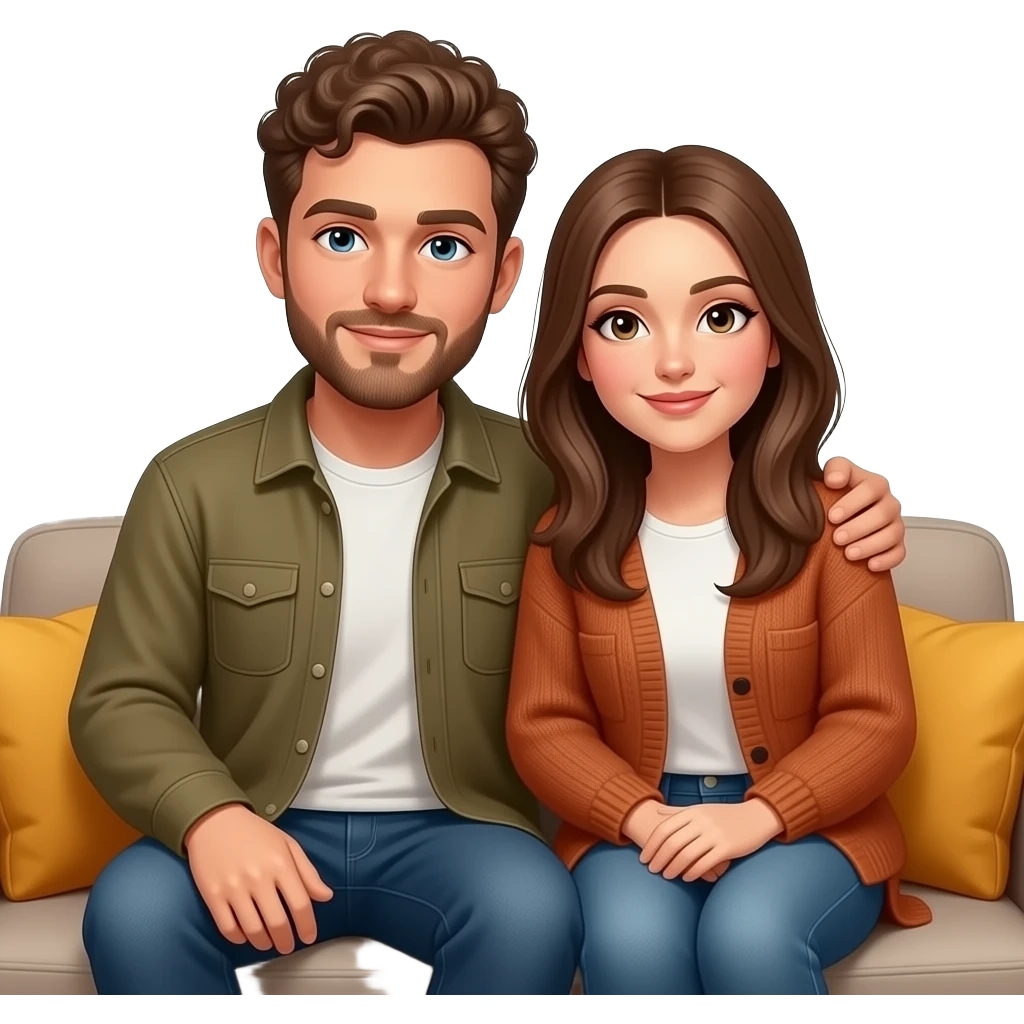 Realistic white man brown super short curly hair with beard being cozy with realistic white woman brown long straight hair on couch autumn emoji