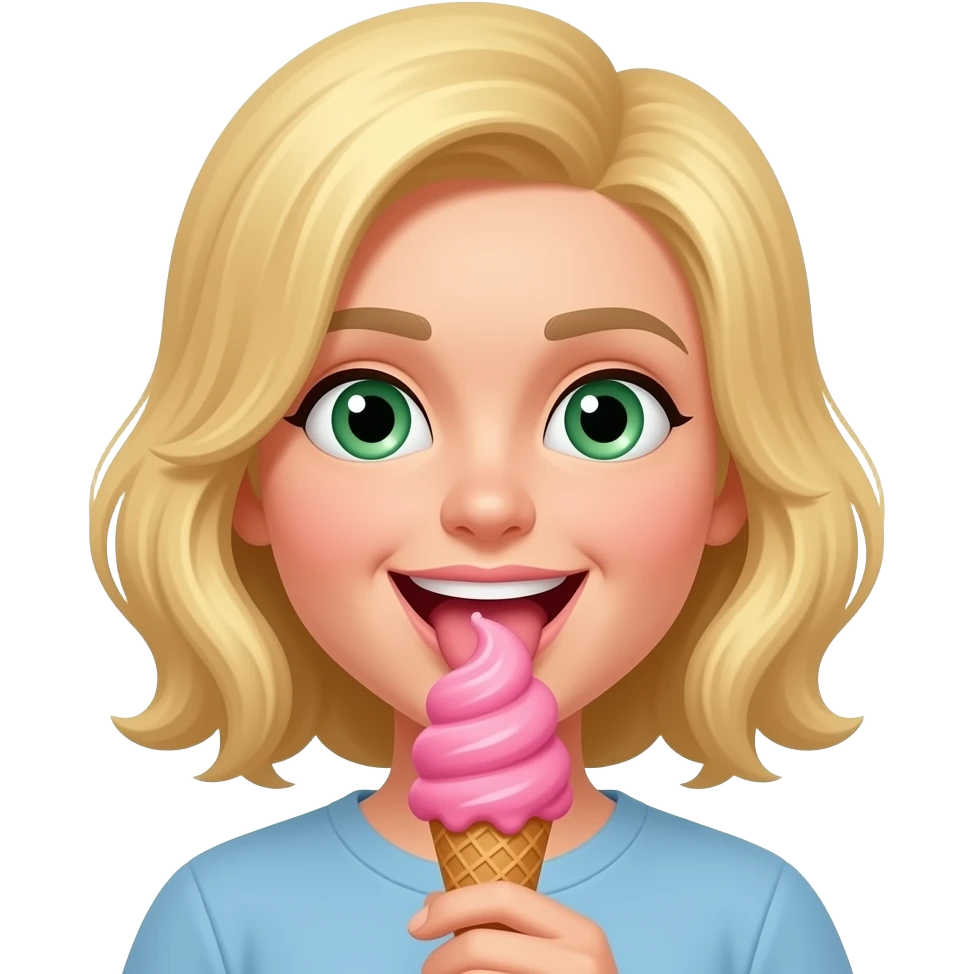 Gryzienie loda na patyku w kolorze różowym językiem włosy blond zielone oczy emoji