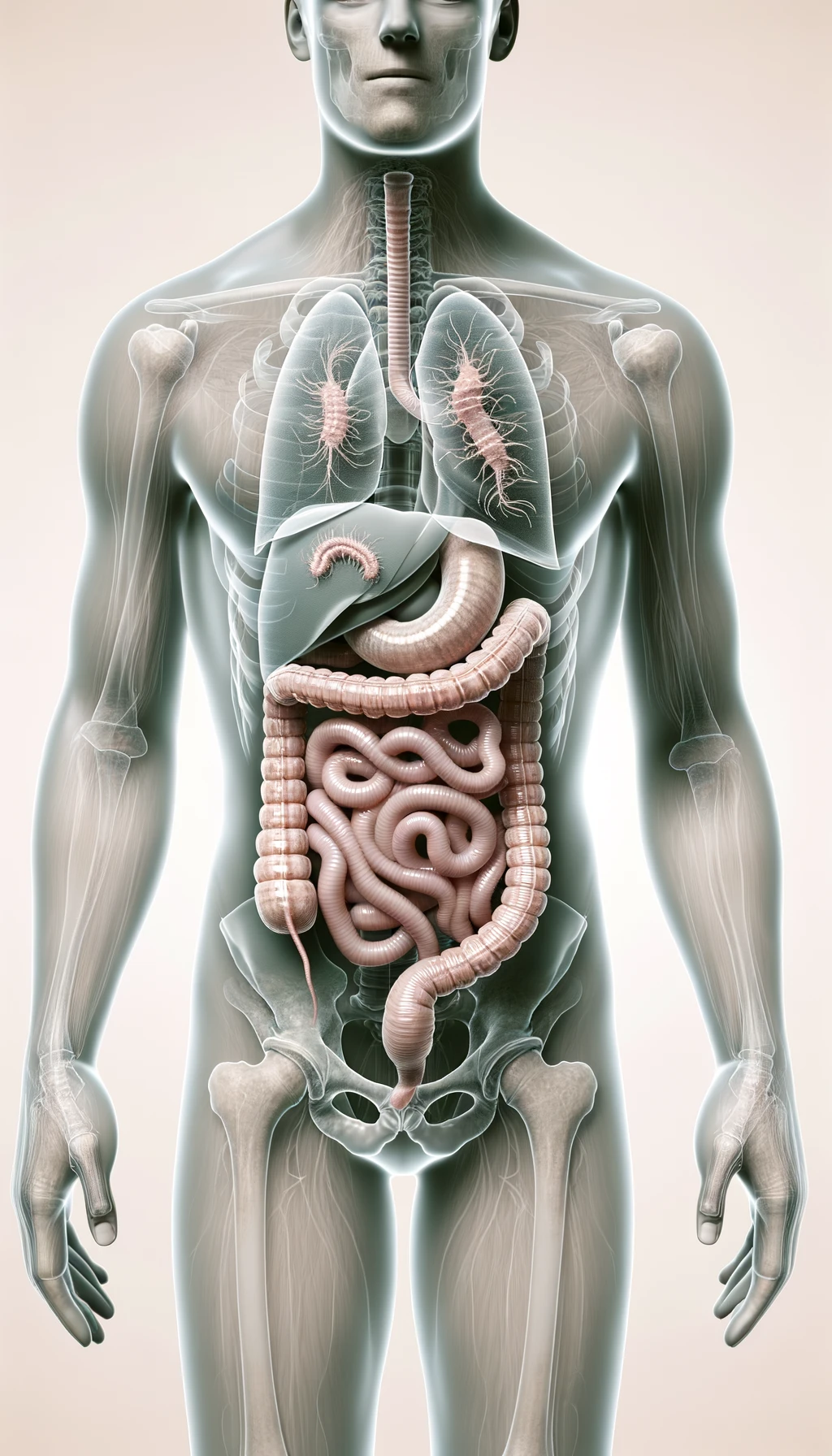 corpo umano anatomico con parassiti tipo la tenia nel corpo, intestino visibile, sfondo neutro chiaro emoji