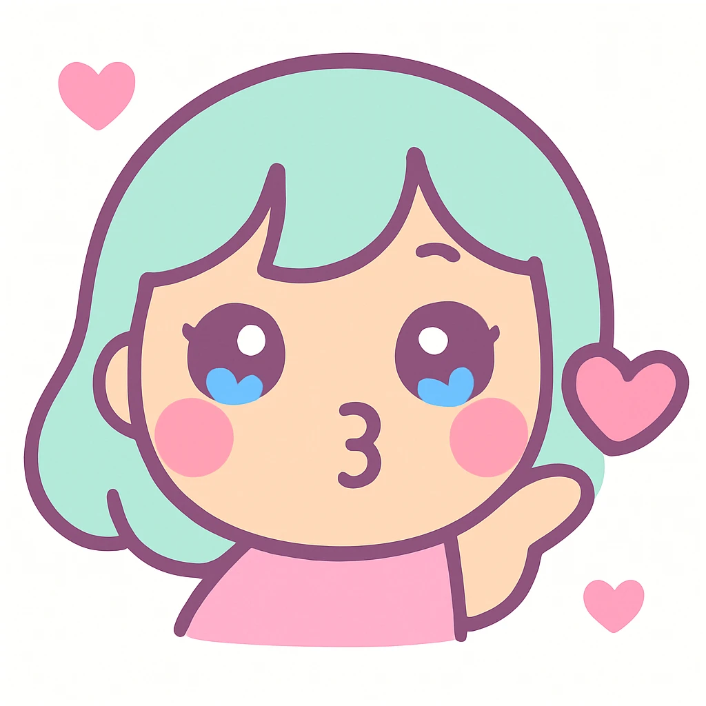 girly emote blowing a kiss, pink cheeks, heart accent, kawaii style emoji