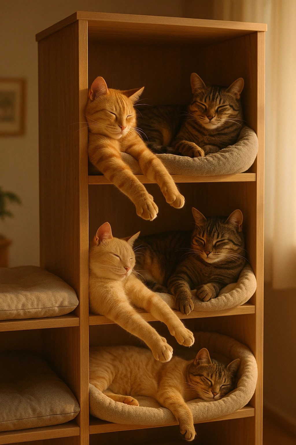 cats relaxing in a vertical playhouse emoji