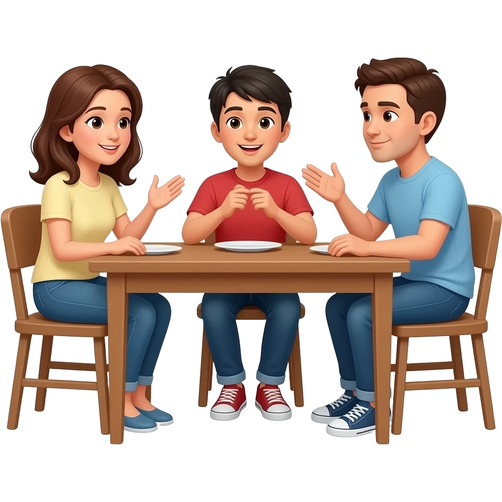 Dialogue between two adults and a teenager sitting at the table at home looking at each other in a conversational mood, hands moving, faces speaking emoji