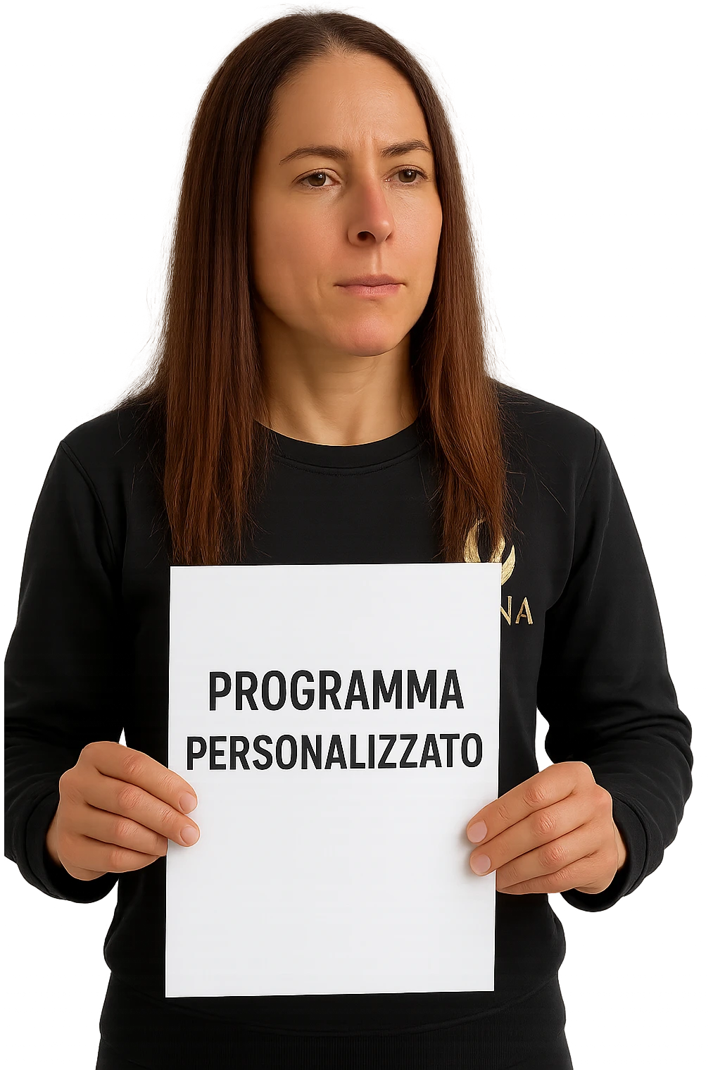 Donna con in mano Scheda di allenamento di palestra con scritto "Programma Personalizzato" emoji