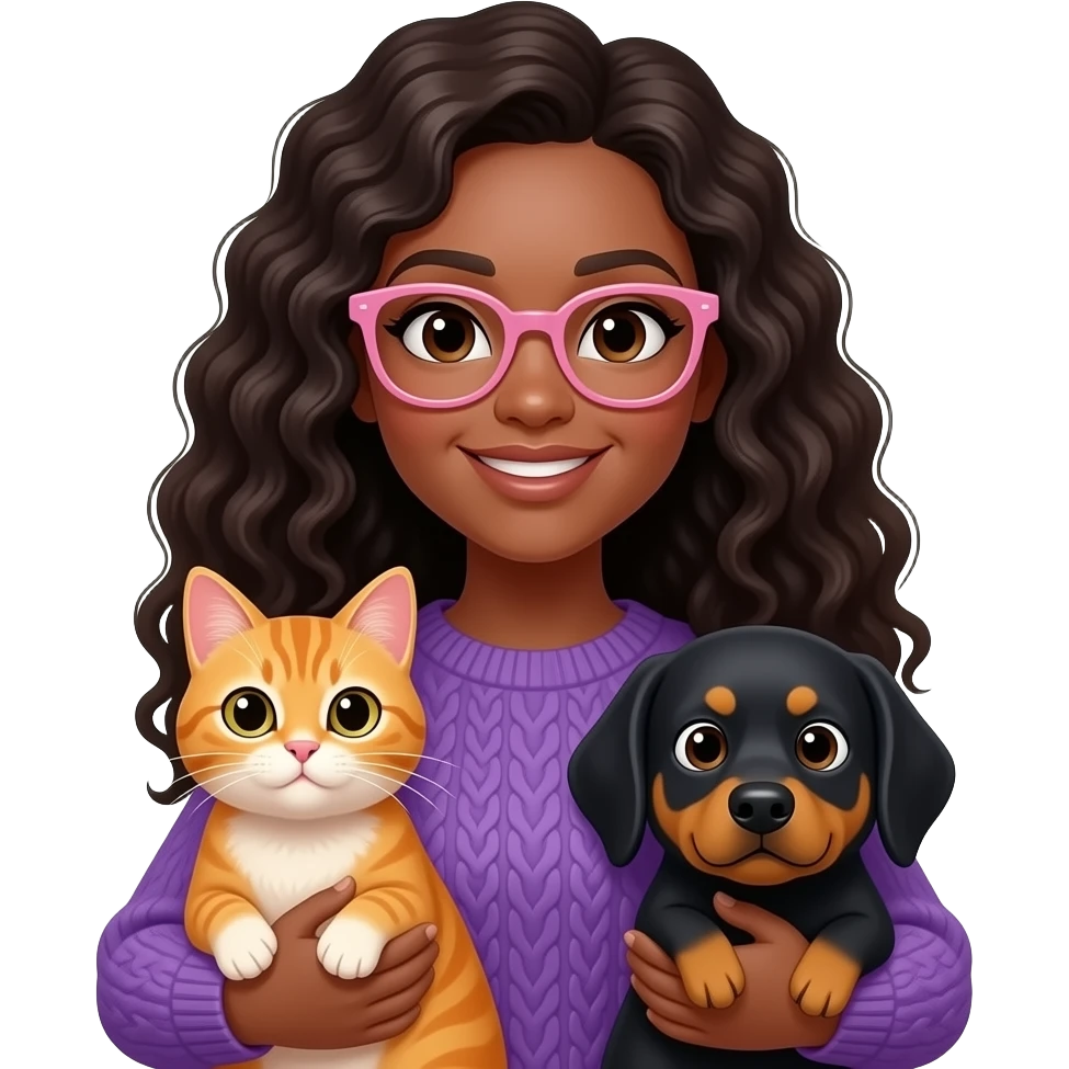 A black light skinned woman with long curly hair and pink glasses, wearing a purple sweater and holding an orange cat and black dog emoji