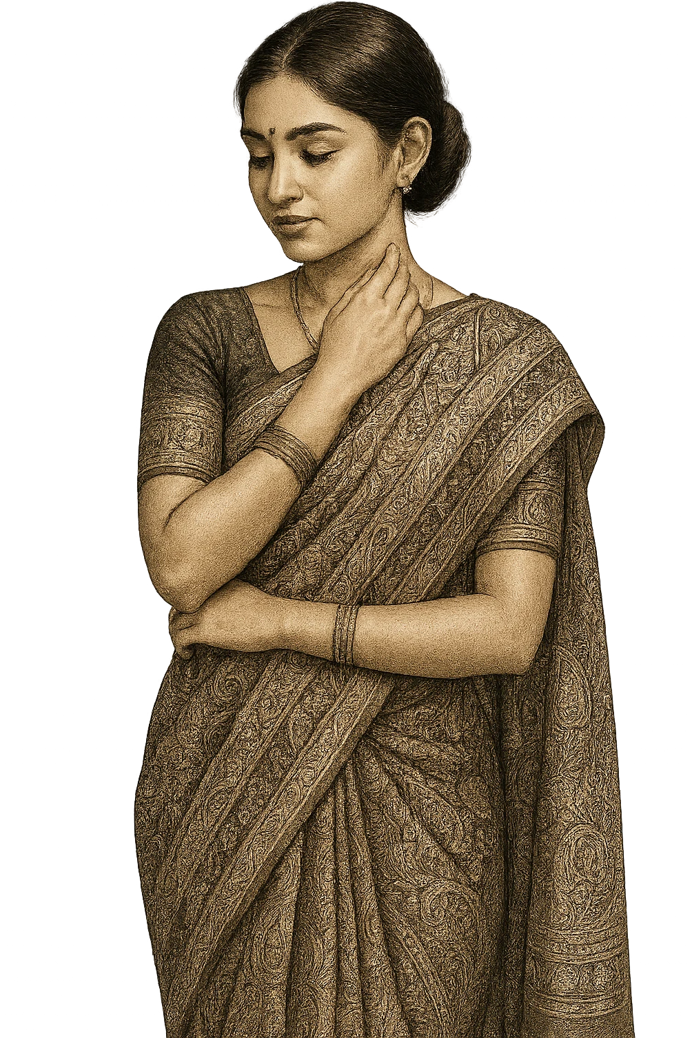 A girl wearing a saree, holding her own neck, South Asian features, elegant pose, intricate patterns, no background emoji