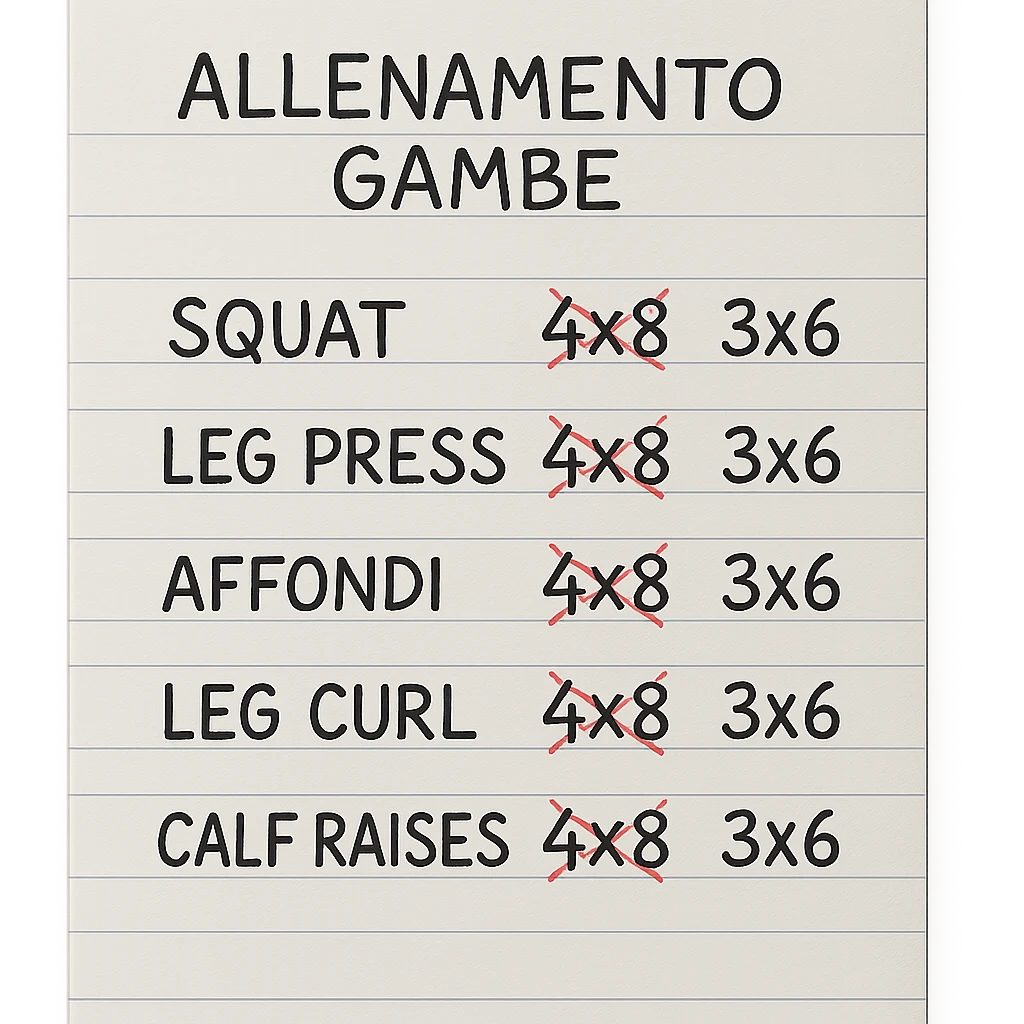 foglio di carta con scheda di allenamento gambe in italiano con volume di allenamento ridotto (fai alcuni esercizi con 4x8 scritti in precedenza sbarrati in rosso e la correzione accanto tipo 3x6), scrivila al meglio che puoi emoji