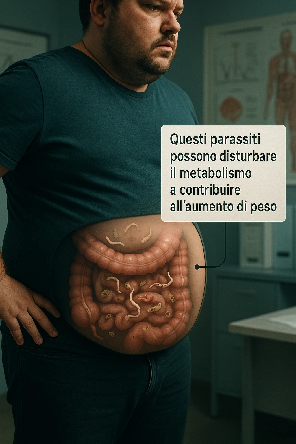 cinematic photo an overweight man is shown with a semi-transparent abdomen, highlighting the intestines filled with various types of parasites (such as worms or protozoa). Educational callouts explain how these parasites can disrupt metabolism and contribute to weight gain. The setting is a medical office, with charts and diagrams in the background. in italiano emoji