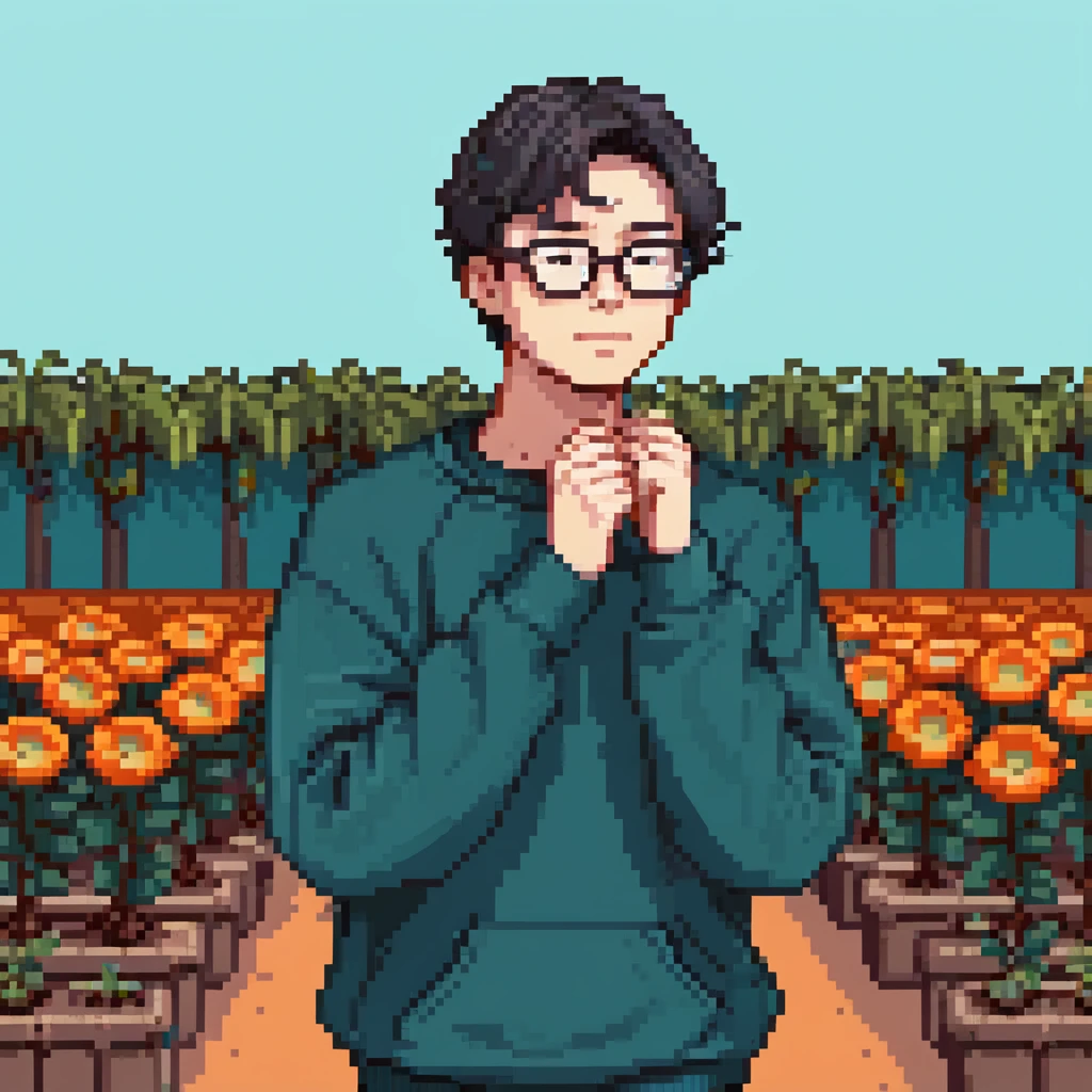 A young man with short black hair and glasses, standing outdoors with both hands forming a flower pose under his chin, wearing a dark teal sweatshirt, bright cheerful vibe, blurry street scene with cars and trees in the background, detailed pixel art style emoji