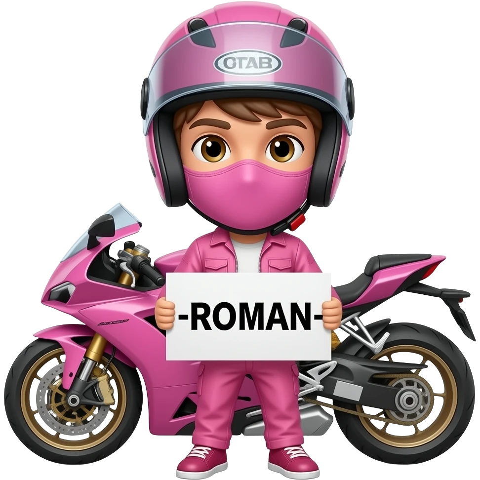 sexy boy with a motorcycle helmet in pink clothes and a pink motorcycle wearing a pink mask holding a -ROMAN- sign emoji