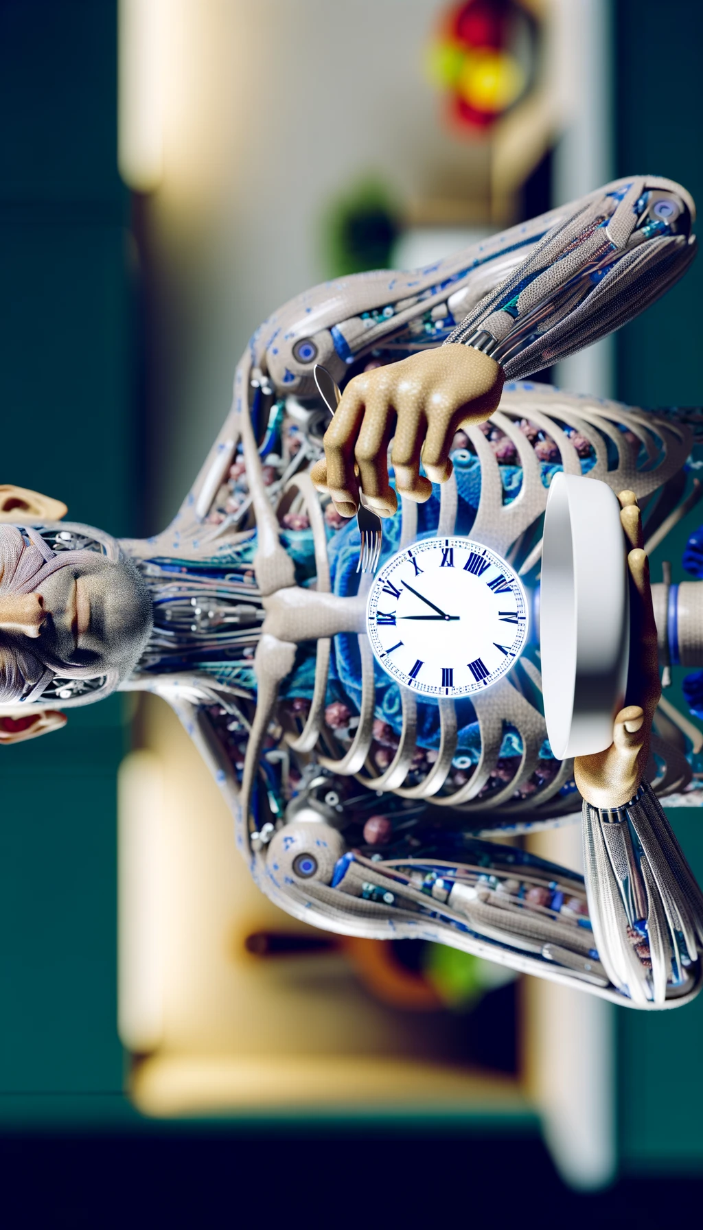 corpo umano anatomico, che tiene in mano un piatto bianco con la lancette di un orologio sopra, figura visibile fino ai fianchi, espressione del volto soddisfatta, sullo sfondo la sua cucina sfocata, iperrealistico 4k emoji