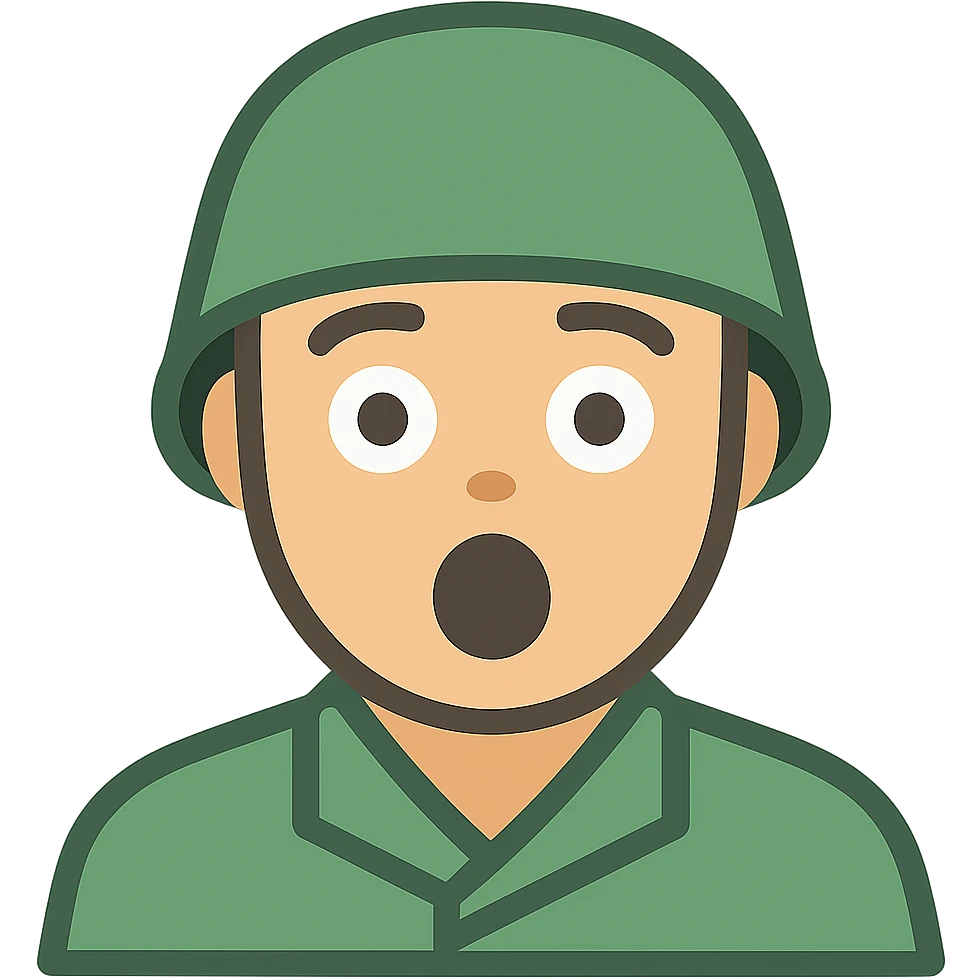 Make this shocked soldier icon colorful with a green helmet, natural skin, and expressive facial features. Keep the bold, simple lines and a transparent background. emoji