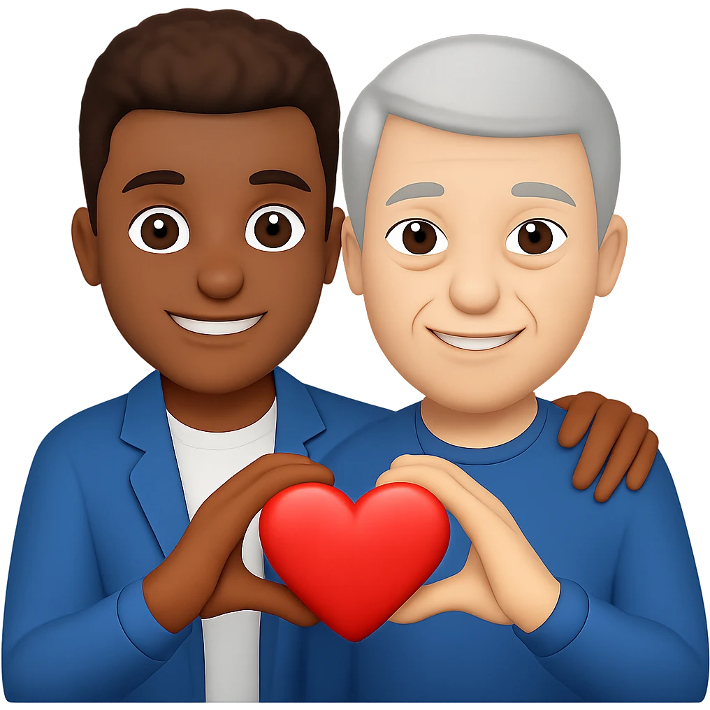 Make the blonde man older with gray hair, keep the other man the same, in apple emoji style, preserve transparent background. emoji