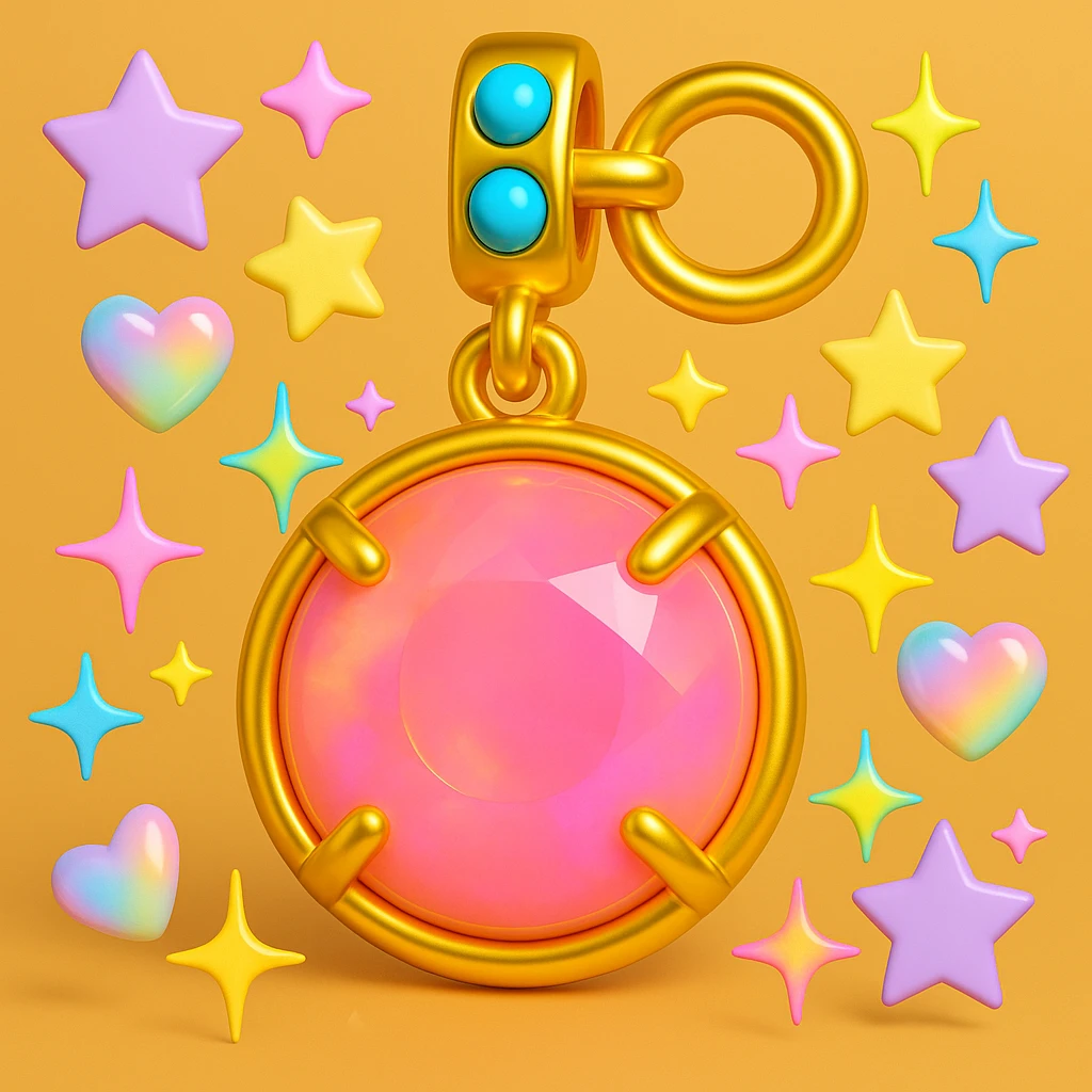 add more Y2K accents: pastel stars, iridescent hearts, and neon sparkles around the elegant round cut pink sapphire holographic charm with gold setting and gold jump ring, extreme close-up, 3D emoji style emoji