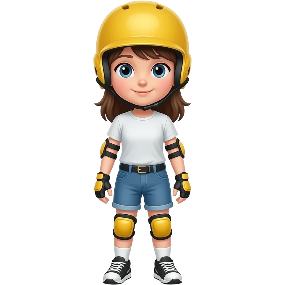 Child girl standing upright, wearing yellow elbow pads and knee pads, yellow helmet, ready-to-play expression, front-facing pose. emoji