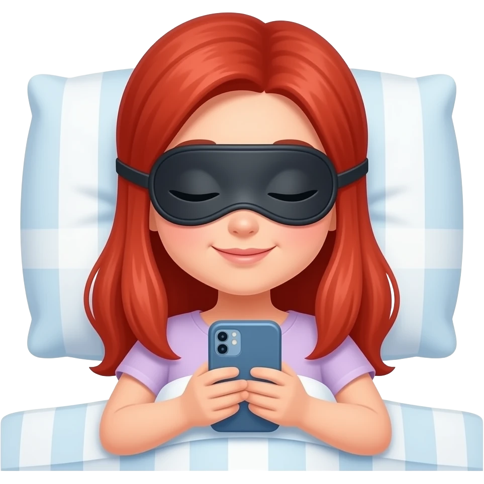 Red hair girl eye mask on head in bed looking at phone emoji