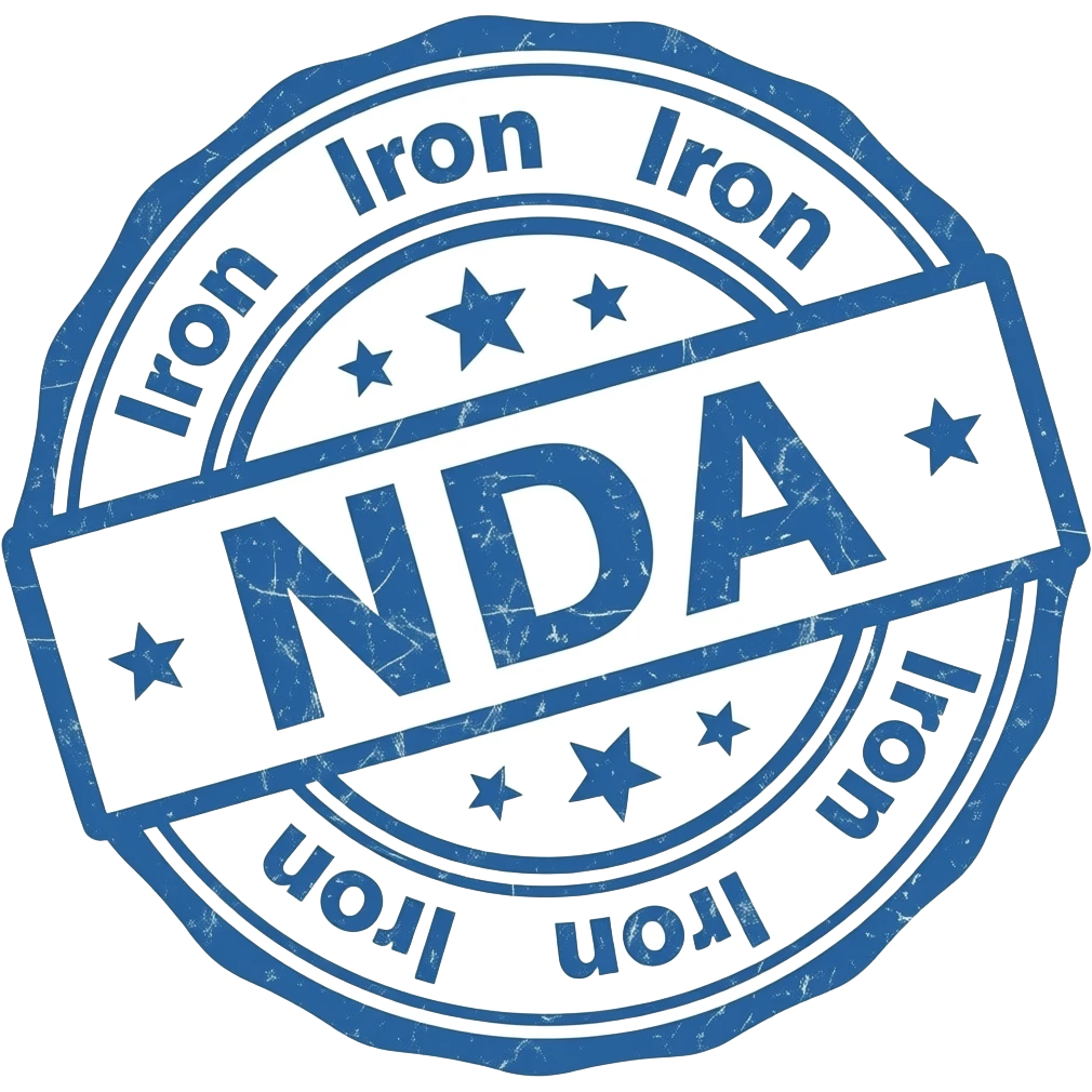 Stamp saying "NDA" in the centre, with "Iron" on the outside. Make it colored #0082fb. No stars emoji