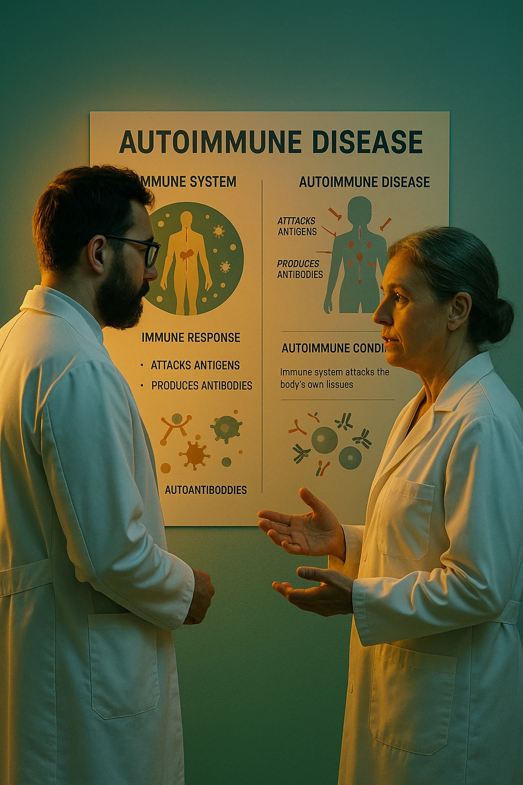 Realistic, detailed photo taken from behind of two doctors—a bearded man and a middle-aged woman—standing and facing each other as they discuss an autoimmune disease diagnosis in front of a medical chart that displays information about the immune system and autoimmune conditions. The scene is illuminated by a yellowish, orange, warm light that softly envelops the doctors. The entire room is bathed in a single green-blue color, creating a cohesive and modern atmosphere. Both doctors wear white coats, and their body language suggests a serious, professional conversation about the complexities of autoimmune diseases. Shot with a Canon EOS R5, with high detail and natural depth of field. emoji