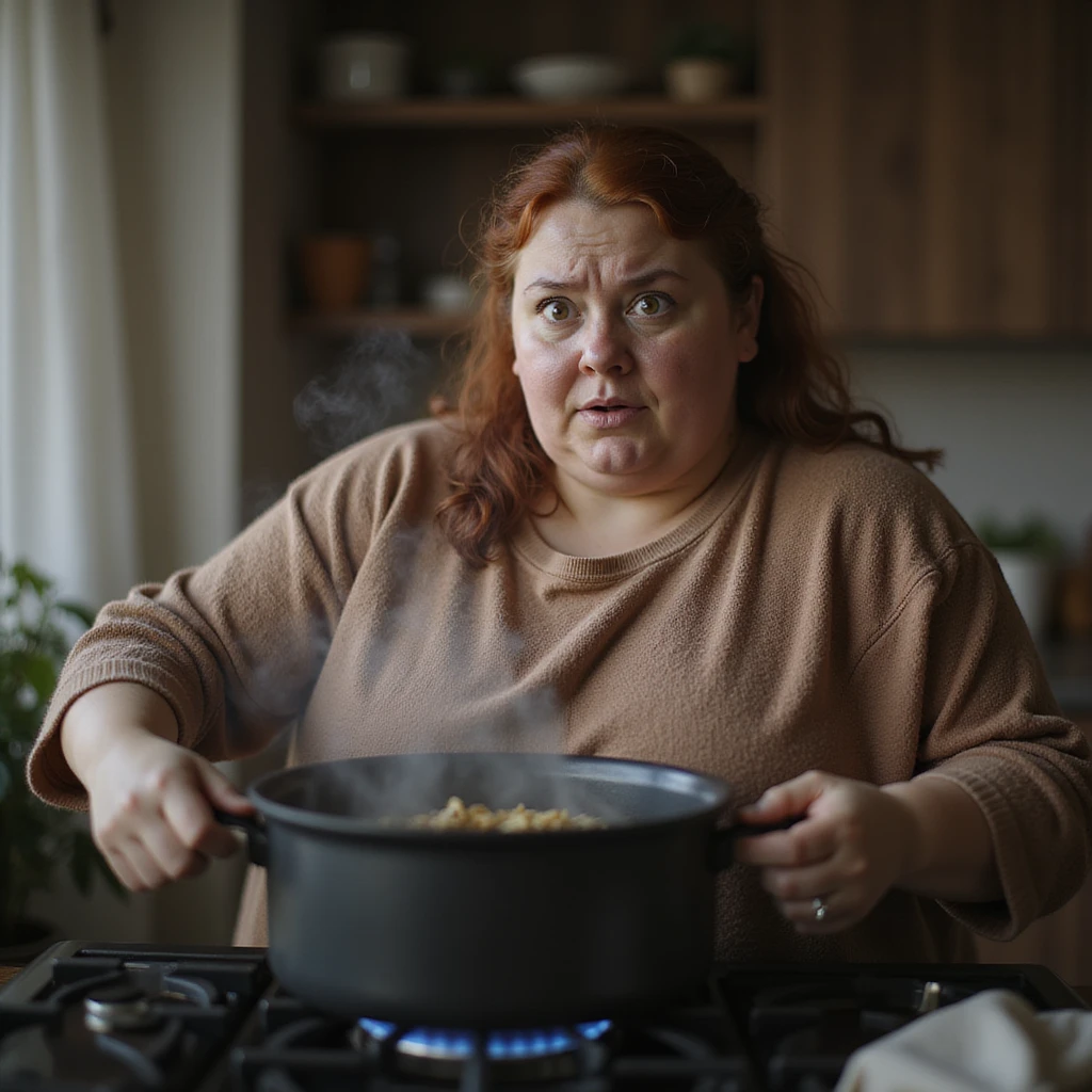 Obese woman forgetting a pot on the stove, surprised and confused expression, home environment, hyperrealistic 4K details. emoji