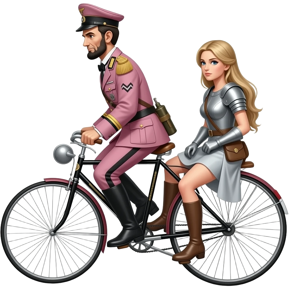 steampunk - Abraham Lincoln in the pink German uniform of World War II transports the thin and serious Joan of Arc on a vélocipède emoji