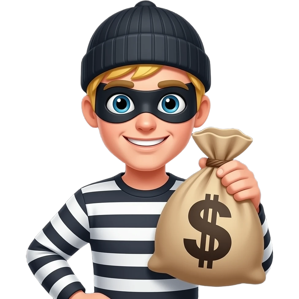 A simplified graphic of a detailed, smiling robber emoji with blonde hair, an eye mask, a beanie, and a striped shirt, holding a burlap money sack marked with a dark dollar symbol ('$') against a pure black background. In the upper-right, a minimal, white-outlined heart icon. With 👱 as the boy emoji