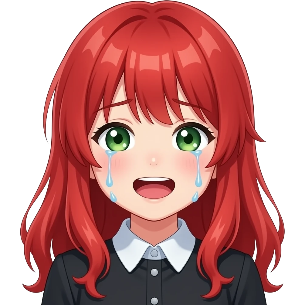 anime girl happy cry red hair green eyes black blouse with white collar emoji