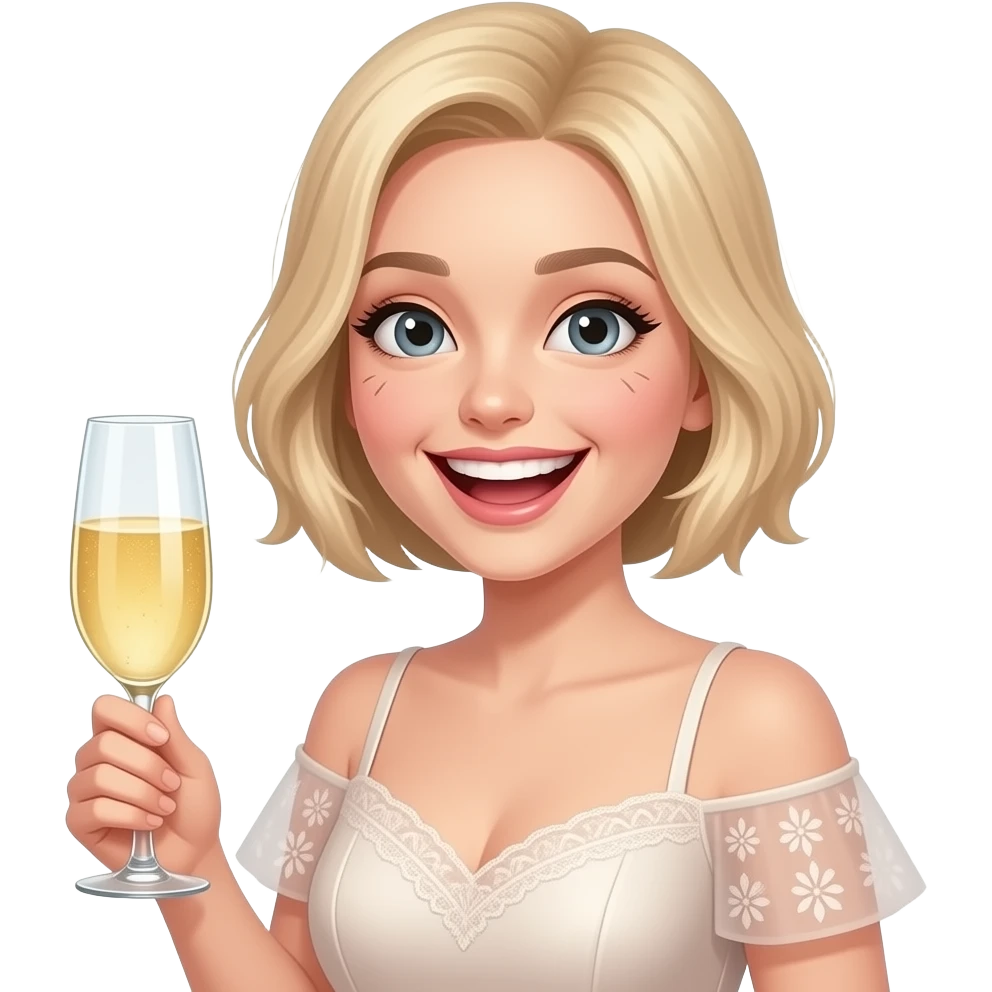 Very crazy but happy girl, likes prosecco, Thin blond short hair, botox in face, blond, white skin, nice dress emoji