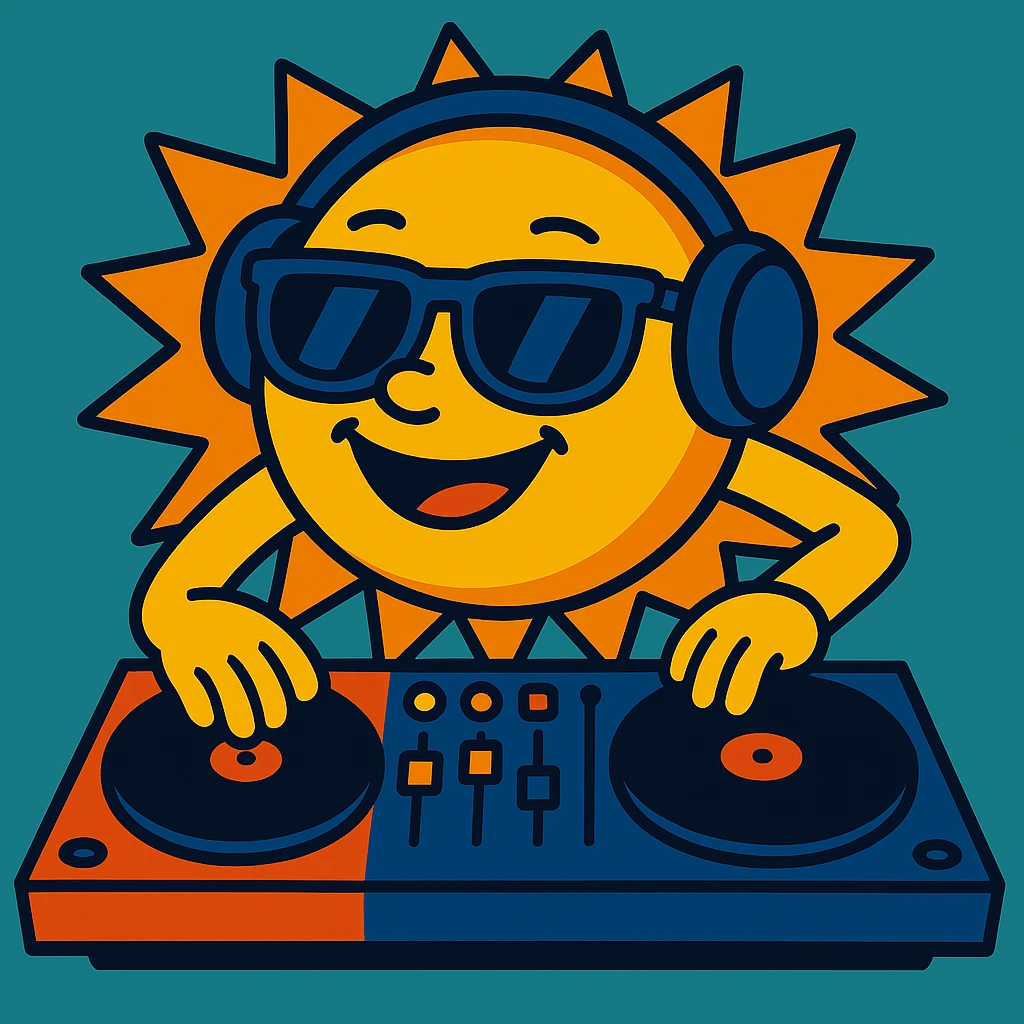 Add headphones to the sun DJ in vibrant toon style. emoji