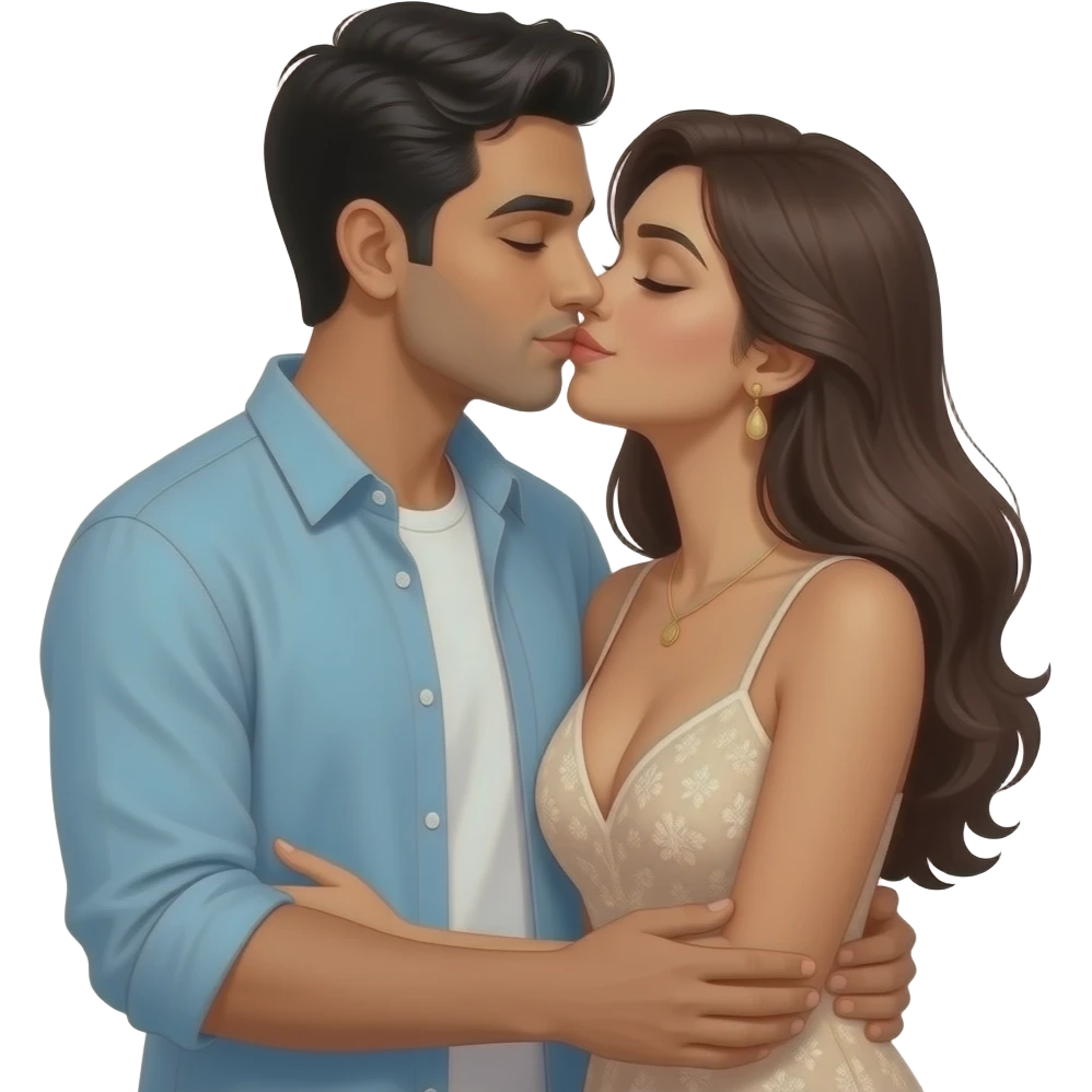 Husband kissing wife lovingly Indian couple modern casual dress. Lady low neck, men no beard emoji