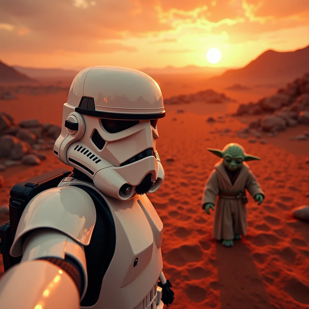 Camera POV, Starwars stormtroopers vlogging selfie, he is walking on lava planet with yoda emoji