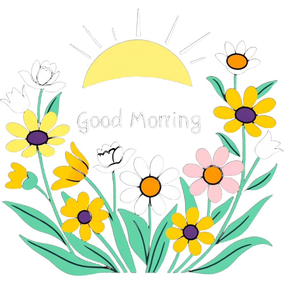 Spring flowers in garden with sun with inscription Good morning  emoji