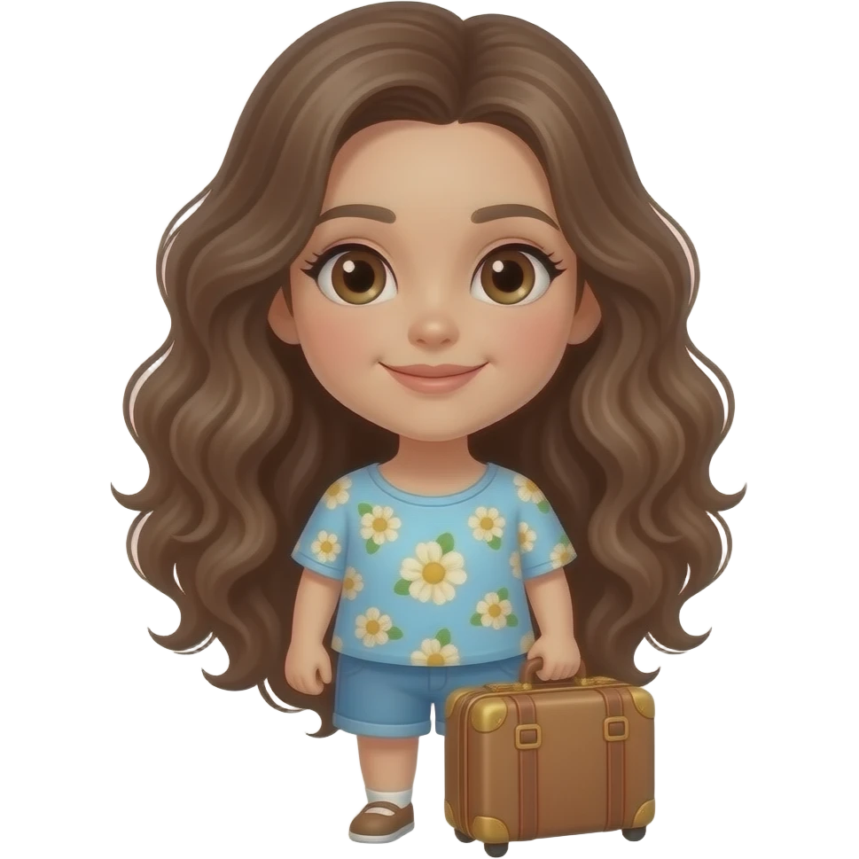 white girl with brown eyes and long curly hair on vacation with a suitcase emoji