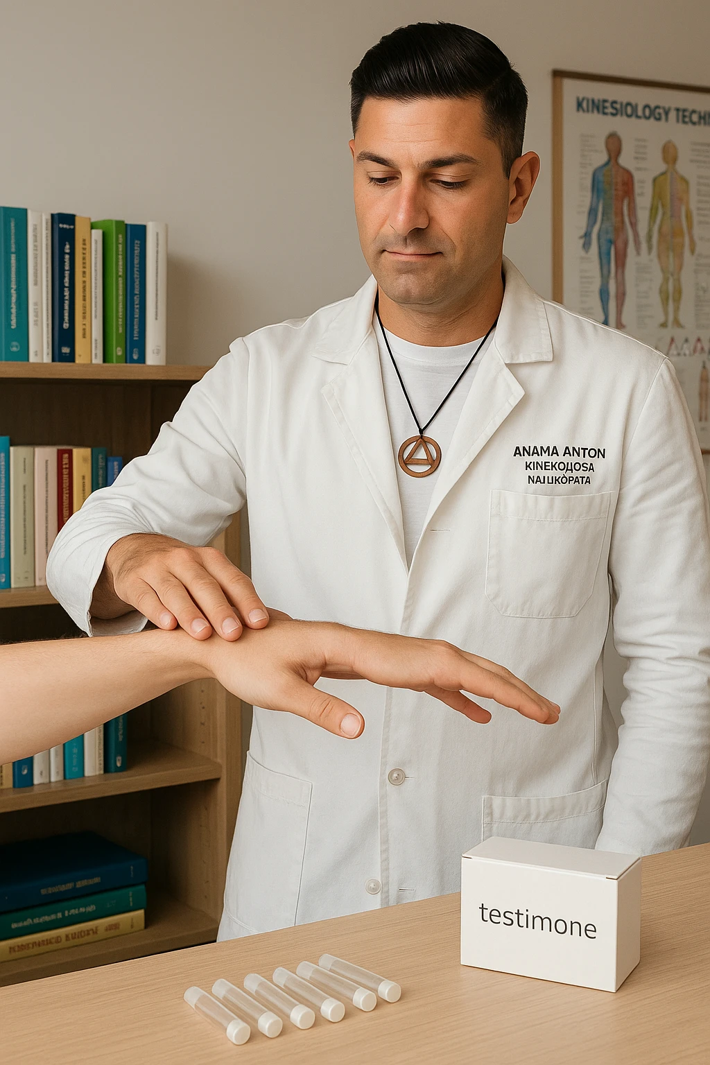 a middle-aged man in a calm, well-lit studio, wearing casual professional attire, performs a classic muscle test on a client’s outstretched arm. On a nearby table, there are small envelopes or vials labeled “testimone” representing samples or objects connected to a distant person. The atmosphere is focused and serene, with books and charts about kinesiological techniques in the background. emoji