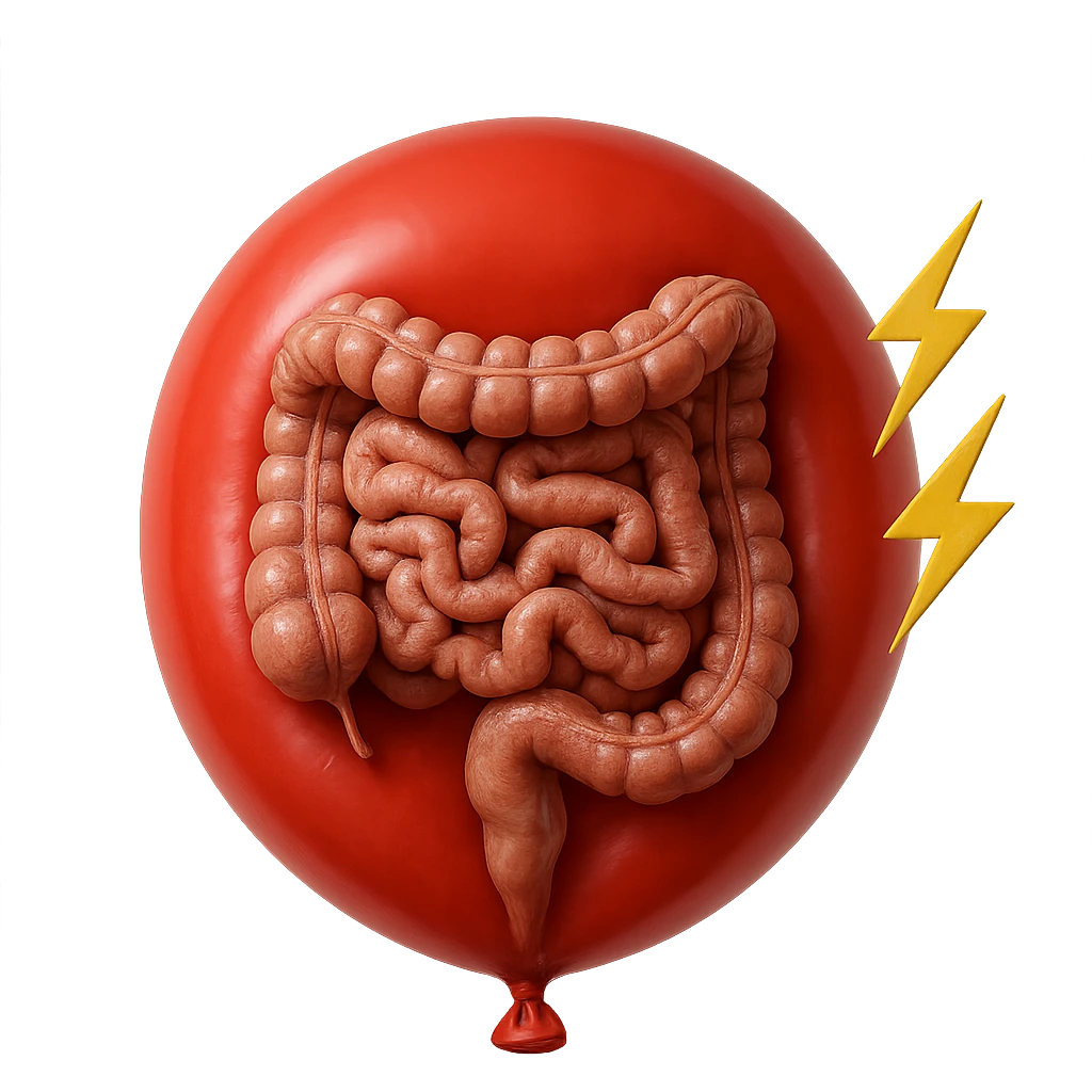 intestino umano anatomico chiuso in un palloncino rosso che simboleggia gonfiore, accanto simboli di fulmini e che simboleggiano "dolore", iperrealistico 4k emoji
