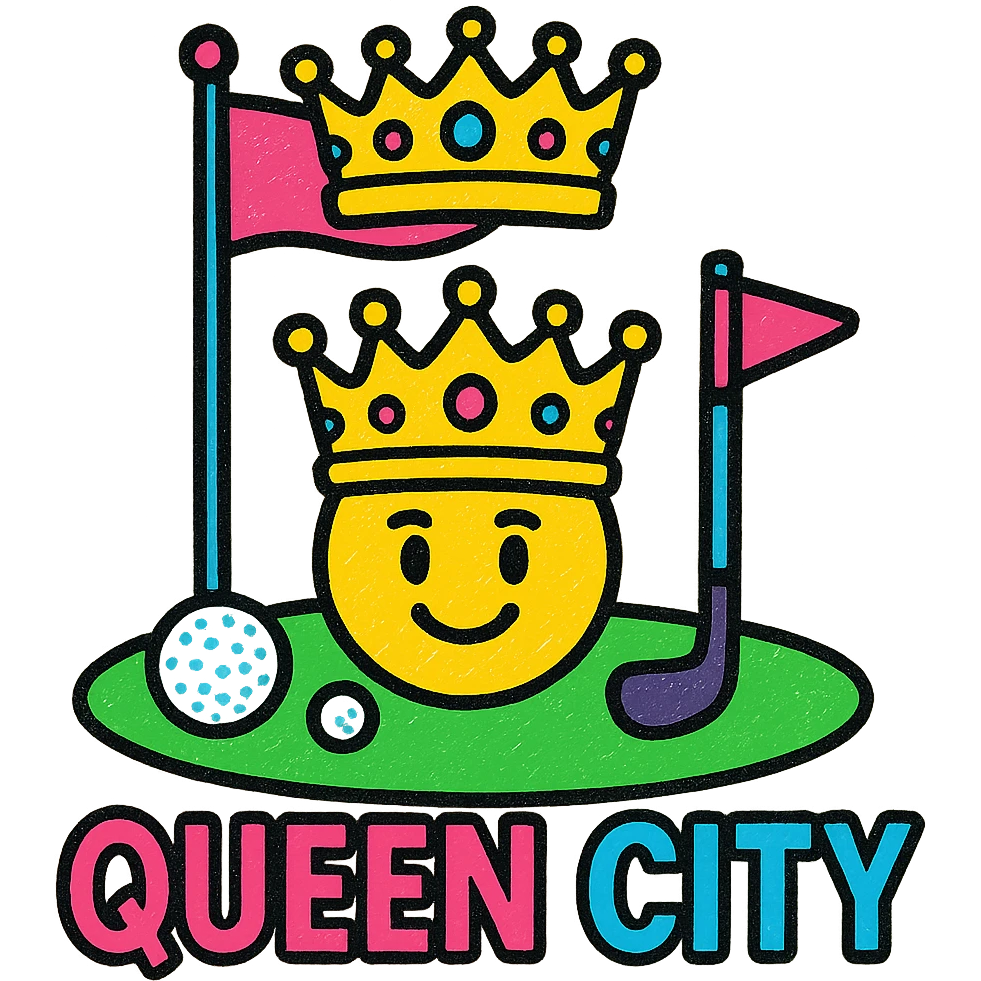 Add the text 'Queen City' in a trendy, bold font below the emoji, matching the sleek logo style. emoji