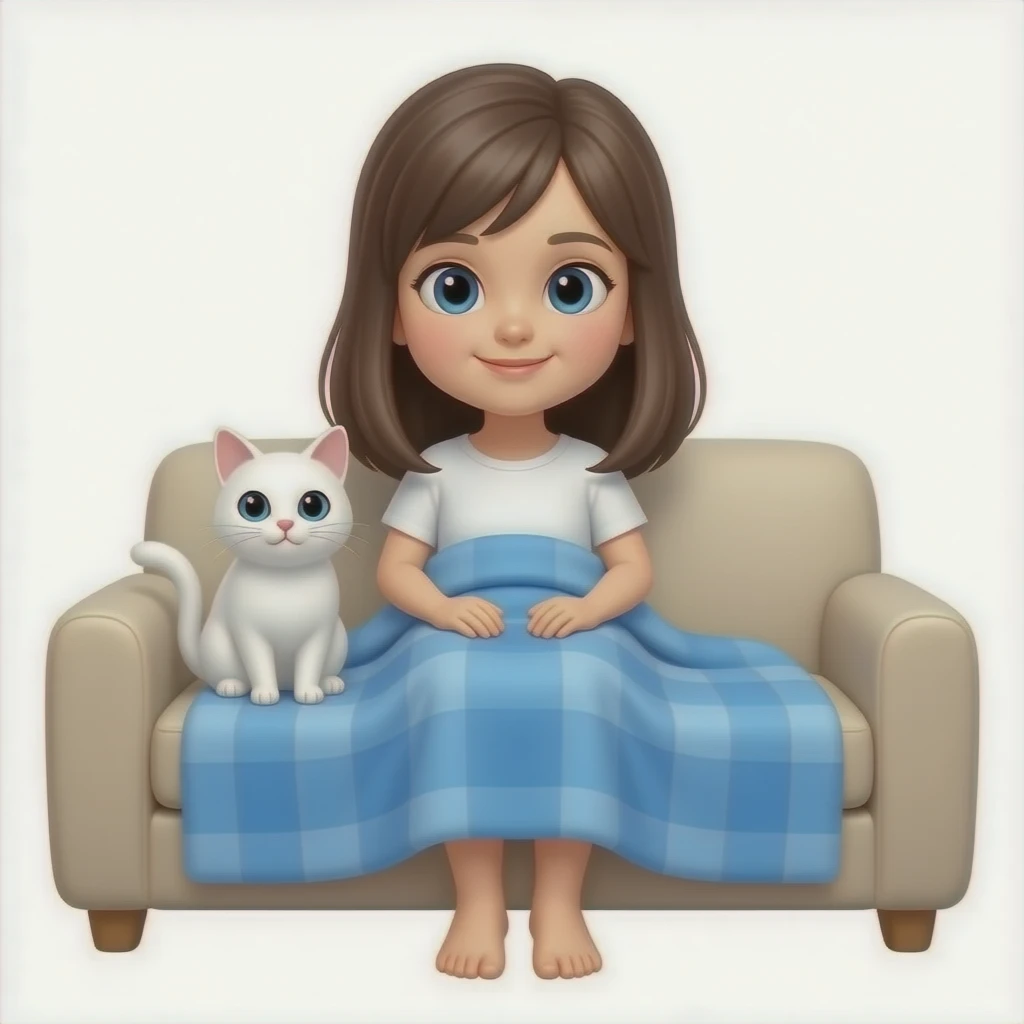 Cute girl and white cat on the couch with blue blankets emoji