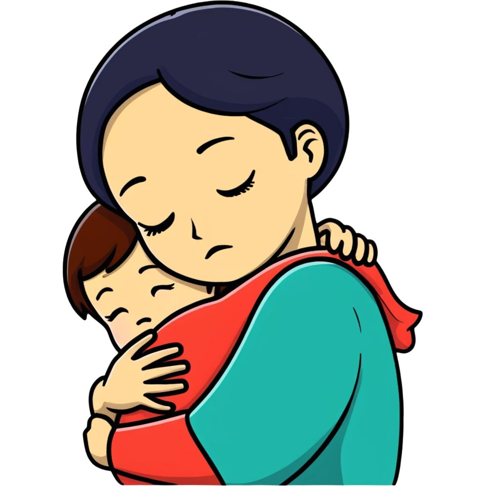 mother hugging sad child, cartoonish, bold outlines emoji