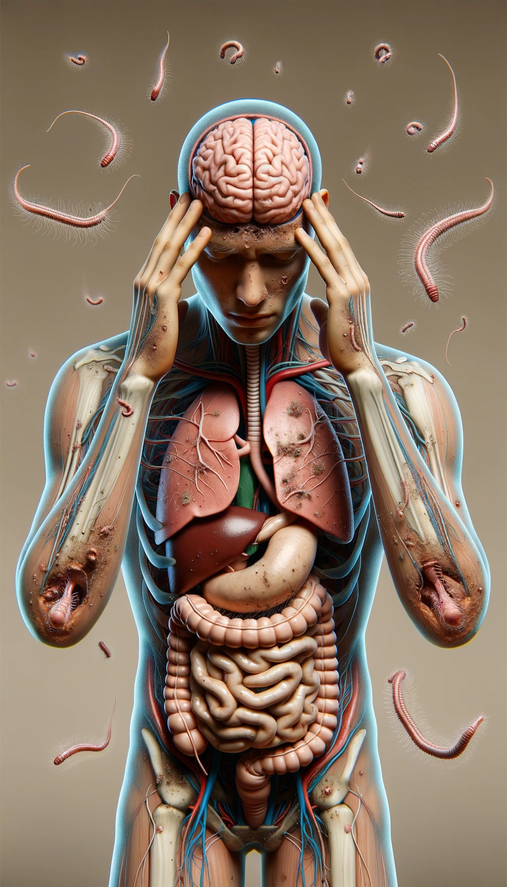 CORPO UMANO ANATOMICO CON MANI SULLE TEMPIE STRESSATO, INTORNO A LUI FLUTTUANO PARASSITI COME LA TENIA, INTESTINO E CERVELLO ANATOMICI IN EVIDENZA, SFONDO CHIARO NEUTRO, IPERREALISTICO 4K emoji