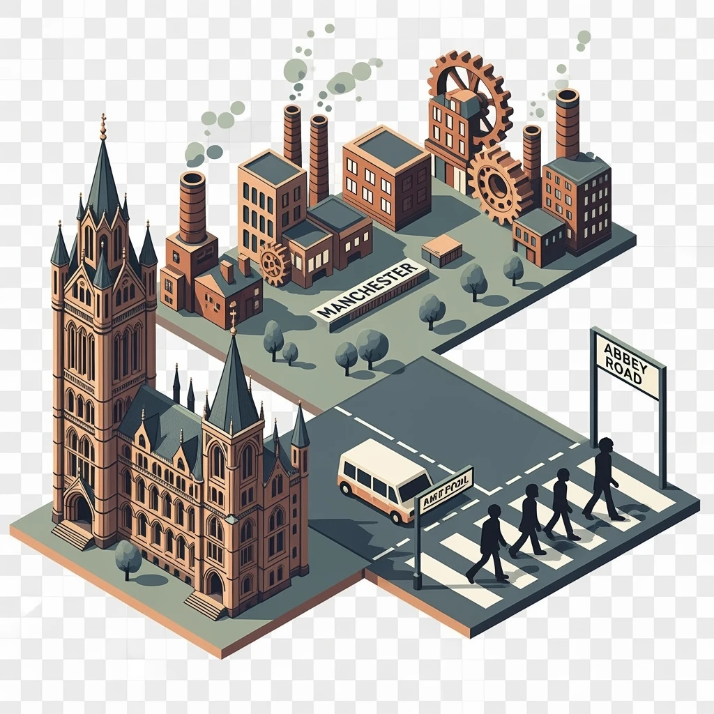 Isometric illustration of Manchester and Liverpool combined, featuring Beatles references (Abbey Road sign), Manchester Town Hall, toy-style factories, muted pastel tones, balanced between stylized painting and realistic,  transparent background emoji