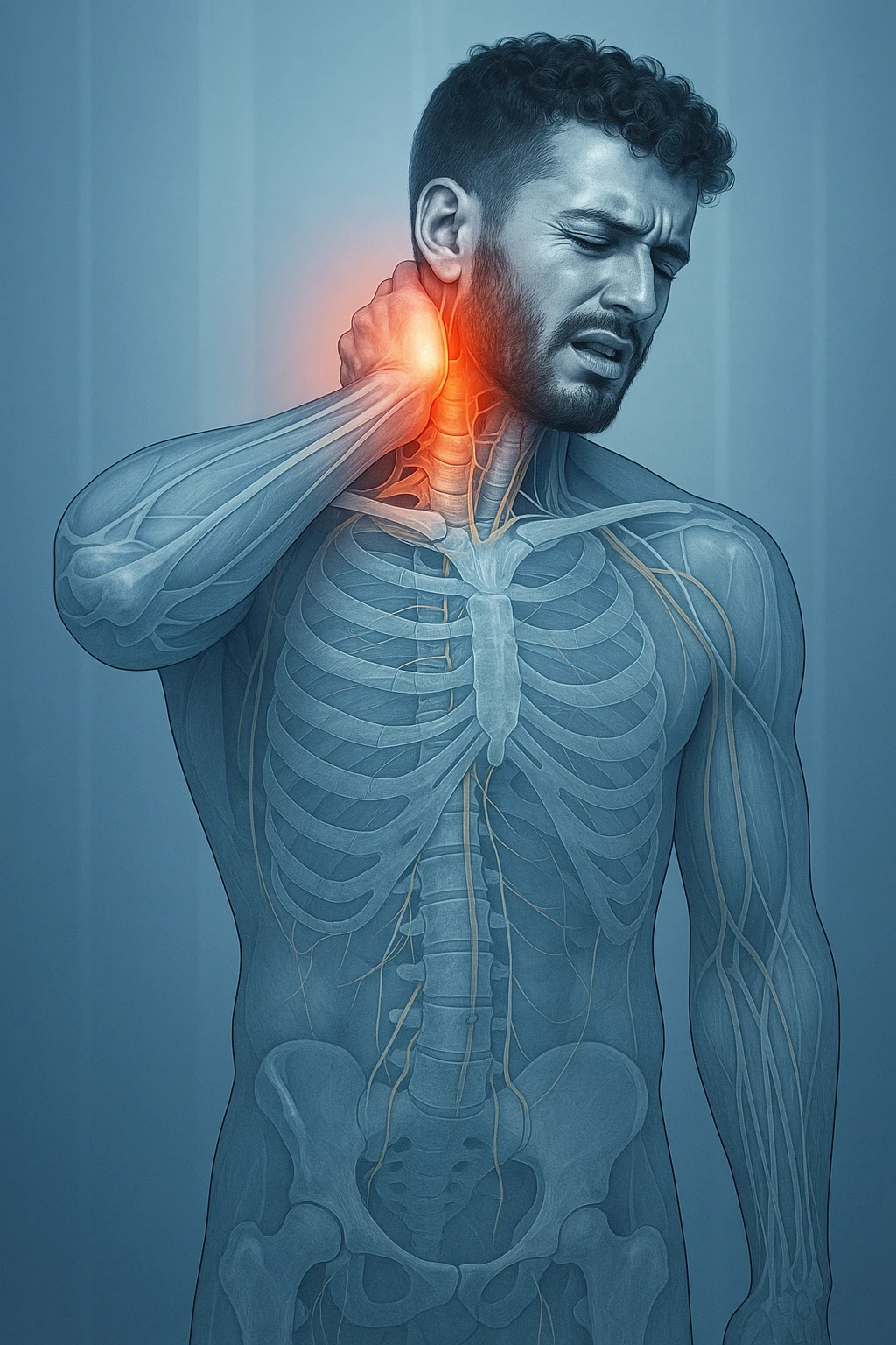 Uomo con dolore per infortunio vista anatomica in piedi con dolori cervicali emoji