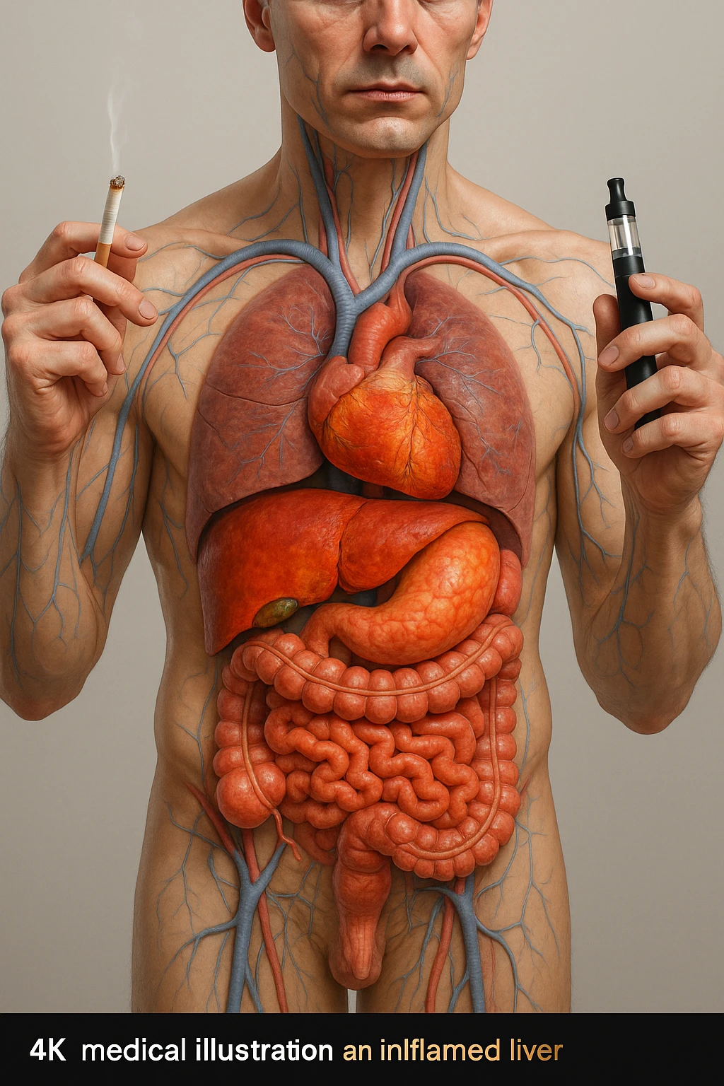 FANNE 10 CON LO STESSO IDENTICO STILE DEL CORPO UMANO CHE HO ALLEGATO , MA USANDO QUESTO COMANDO: A MEDICAL ILLUSTRATION OF A REALISTIC human body WITH INFLAMMED LIVER AND INTESTINE IN EVIDENCE, HOLDS A LIGHTED NORMAL CIGARETTE IN HIS RIGHT HAND, AN ELECTRONIC CIGARETTE IN HIS LEFT HAND IPERREALISTICA  4K emoji