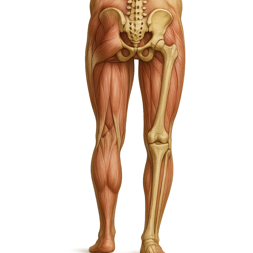 Edit the image to depict an inhibited leg (shorter than the other), in a medical anatomical style, posterior view, hyperrealism, with no background. Variation 2. emoji