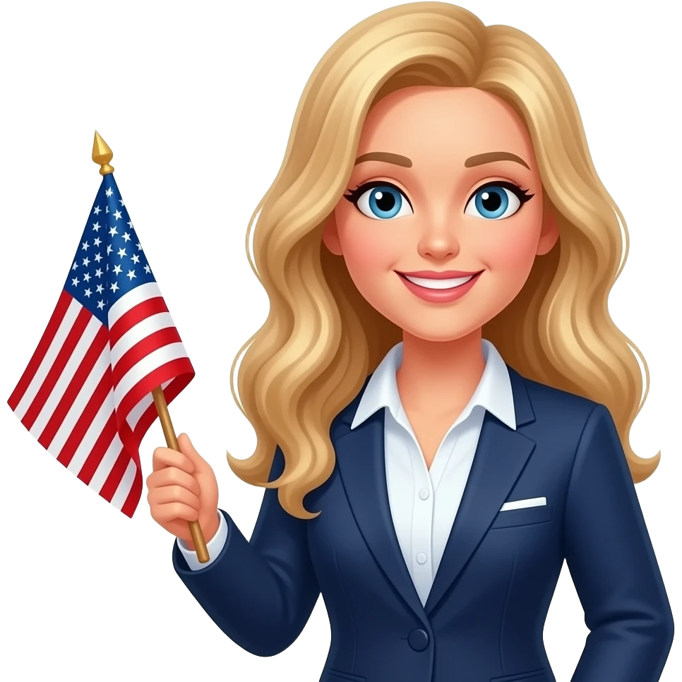 a teacher with long wavy blond hair with the usa flag in the right hand emoji