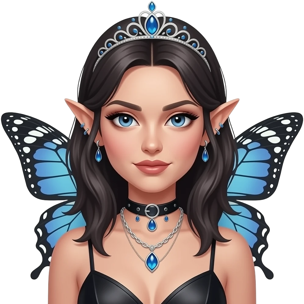 Cottagecore shiny mature gorgeous cool edgy badass realistic sweet beautiful romantic aesthetic vogue tomboy boyish super model anime lady with elvish butterfly-ears, dress, necklace, tiara, ear cuffs emoji