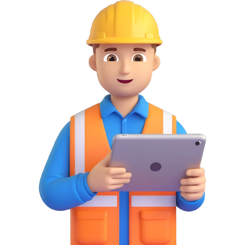 construction project manager male checking plans on a tablet construction background 3D emoji style emoji
