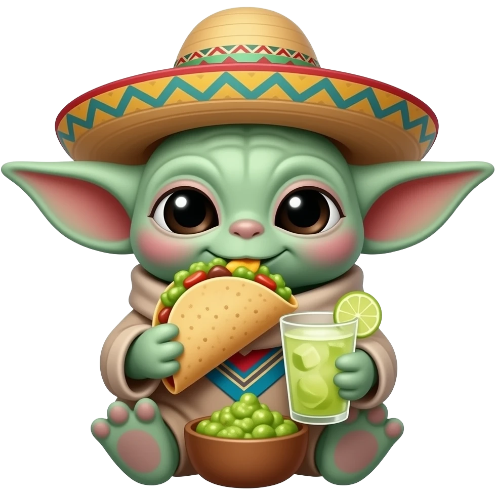 animated baby yoda eating tacos and guacamole,wearing a pancho and sombrero drinking a margarita emoji